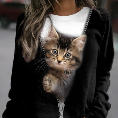 Women's Cat Basic Printed Round Neck Regular Pullover