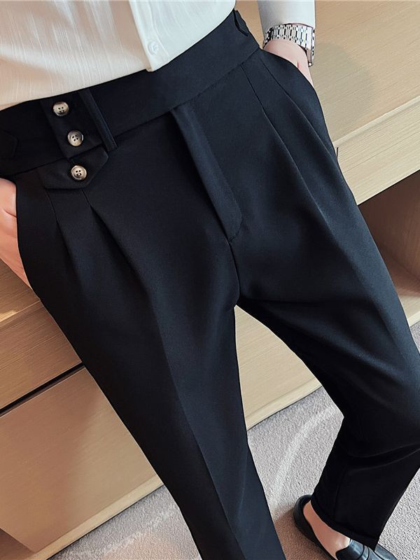 Pantalones de traje informales de cintura media alta, corte entallado, pierna recta, bordes italianos para hombres