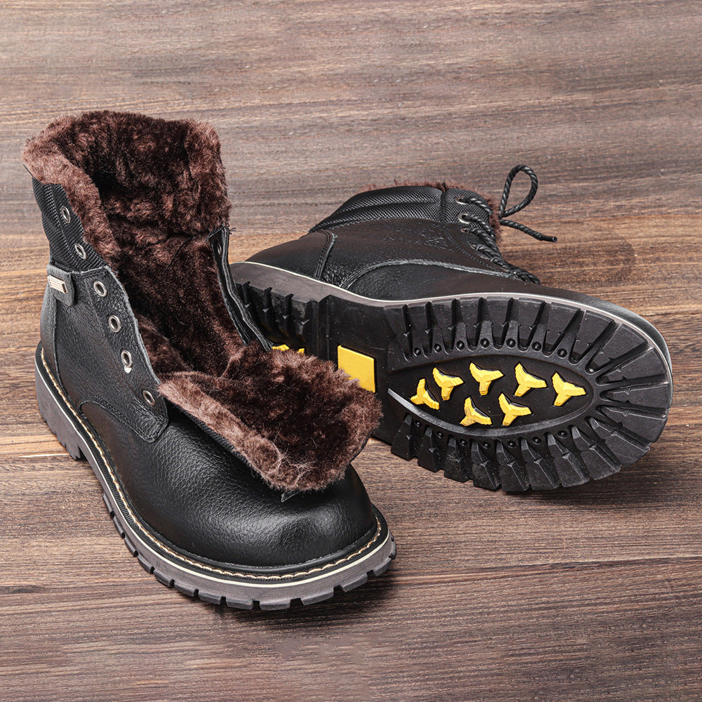 Botas de nieve de cuero real para hombre de talla grande con forro de fleece.