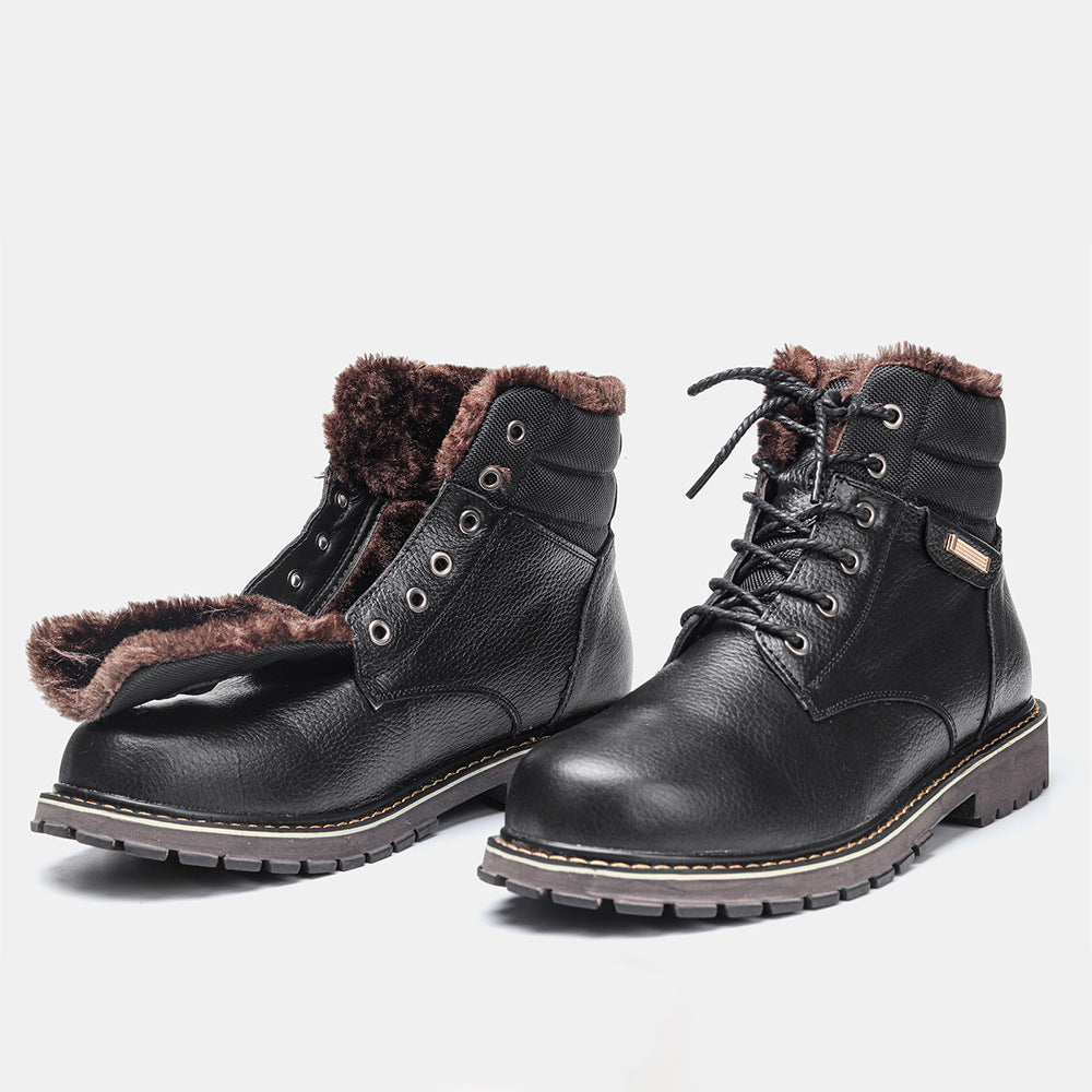 Botas de nieve de cuero real para hombre de talla grande con forro de fleece.