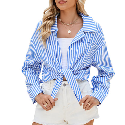 Camisa de Manga Larga a Rayas con Bolsillos, Casual, Suelta, de Botonadura Simple para Mujer