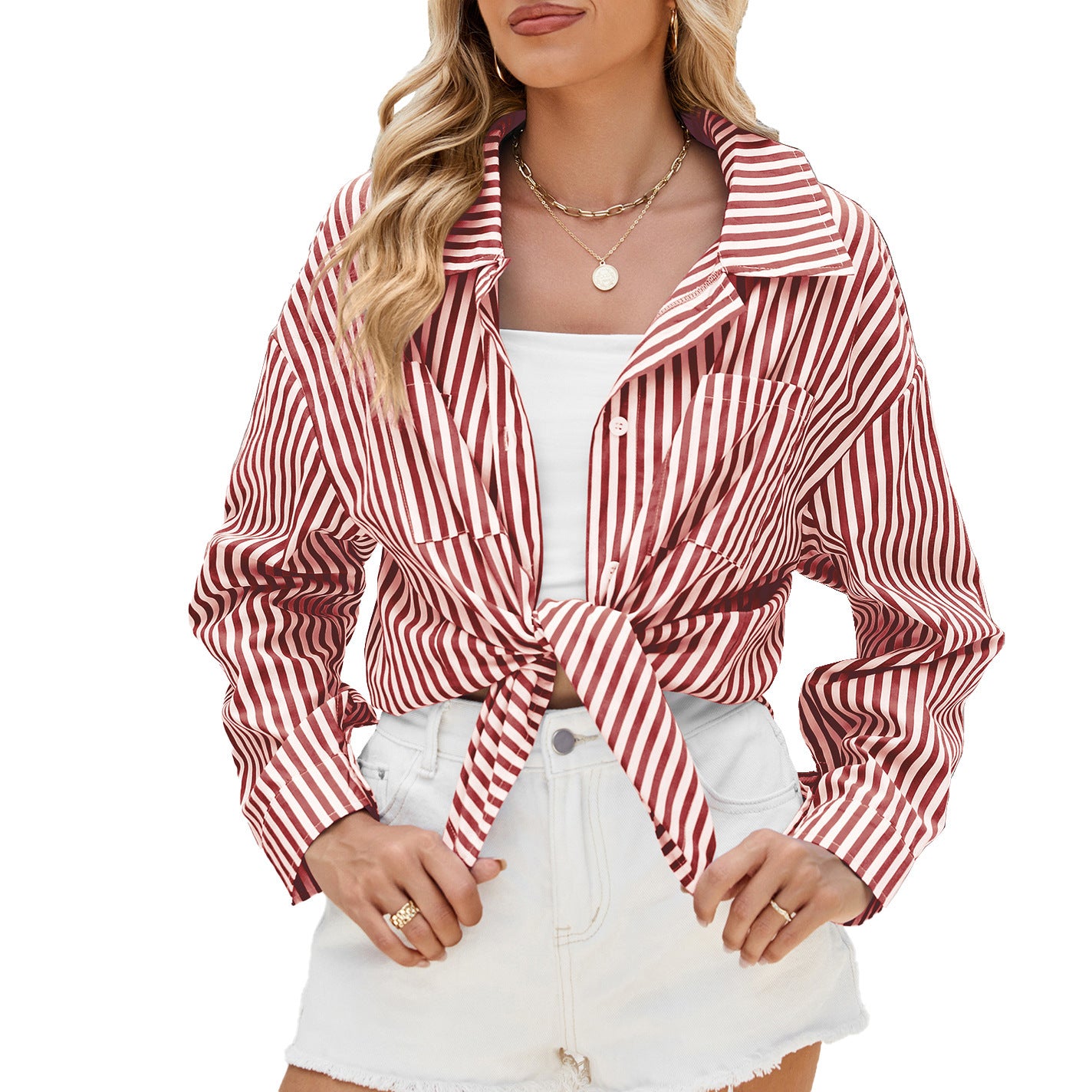 Camisa de Manga Larga a Rayas con Bolsillos, Casual, Suelta, de Botonadura Simple para Mujer