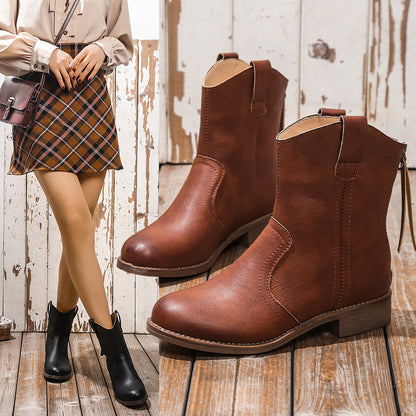 Botines de cuero con cremallera trasera y tacón bajo retro a la moda para mujer