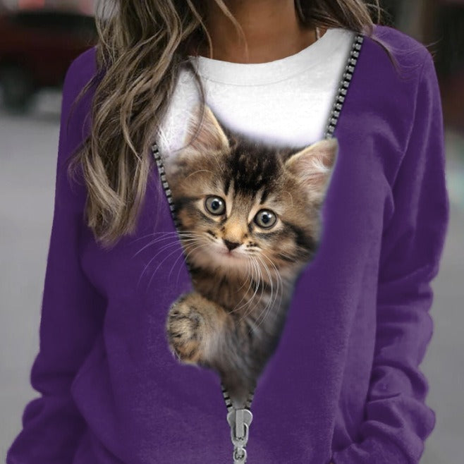 Women's Cat Basic Printed Round Neck Regular Pullover