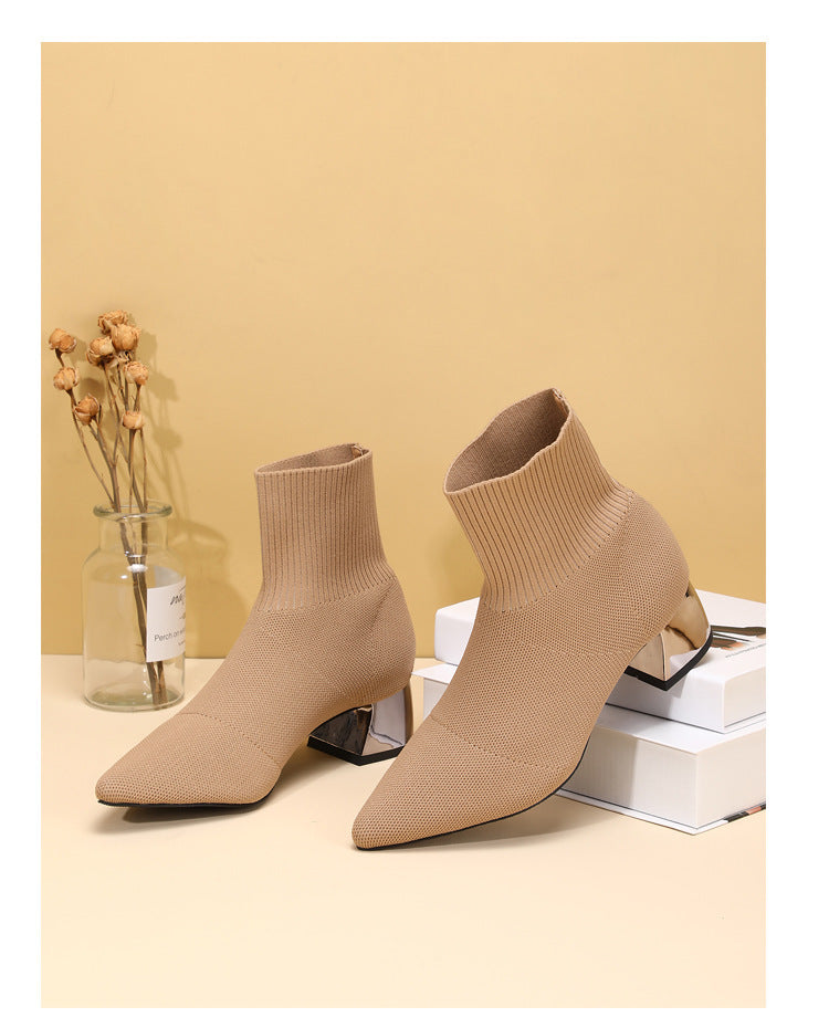 Botas de punto elástico con tacón grueso y punta fina de moda para mujer.