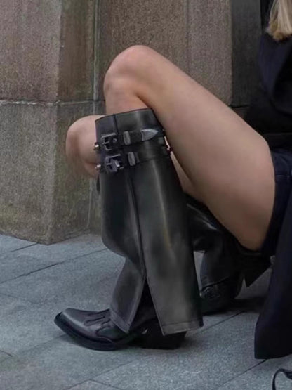 Botas de pantalón con hebilla y cinturón bordado para mujer