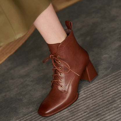 Botas de tacón alto para mujer, estilo británico, Retro, con cordones, cortas, simples