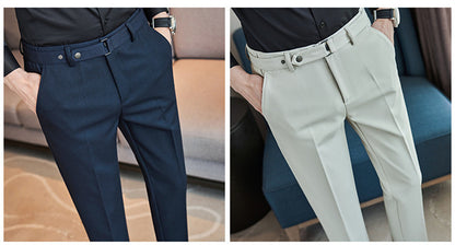 Pantalones de traje juvenil texturizados ajustados con diseño de cinturón para hombre