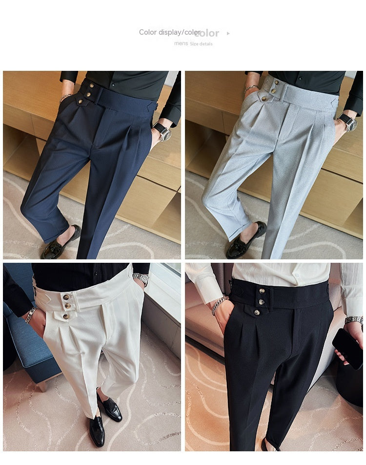 Pantalones de traje informales de cintura media alta, corte entallado, pierna recta, bordes italianos para hombres