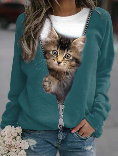 Women's Cat Basic Printed Round Neck Regular Pullover