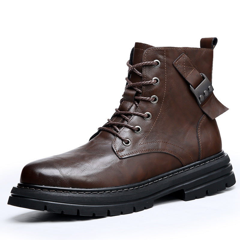 Botas casuales de hombre de cuero de vaca para otoño e invierno, con suela gruesa y punta redonda para mayor calidez.