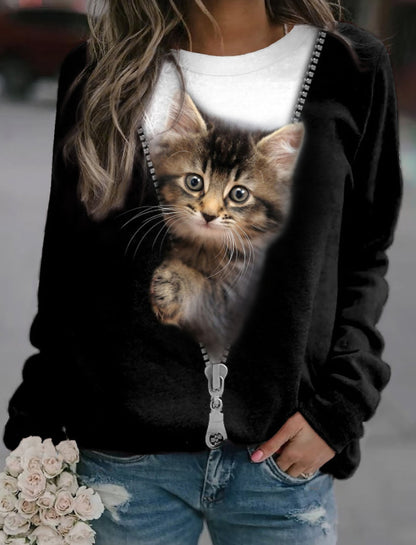 Women's Cat Basic Printed Round Neck Regular Pullover