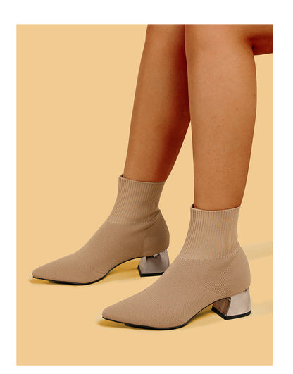 Botas de punto elástico con tacón grueso y punta fina de moda para mujer.