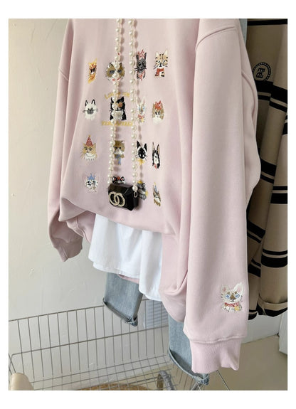 Abrigo tipo suéter para mujer, estampado completo, bordado de gatito, moda urbana