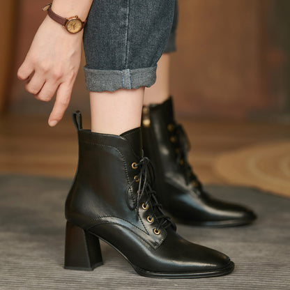 Botas de tacón alto para mujer, estilo británico, Retro, con cordones, cortas, simples