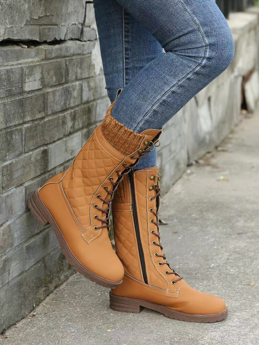 Botas de nieve de color liso Otoño e invierno Tacón plano a media pantorrilla para mujer