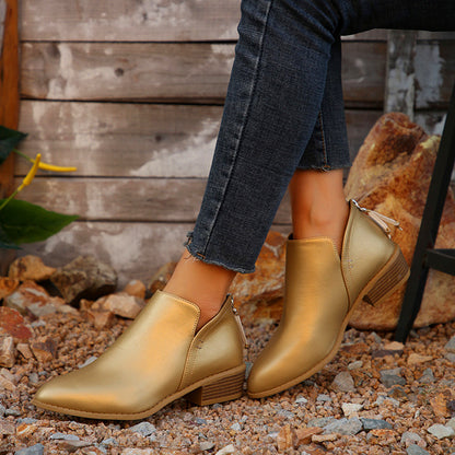 Botines de tacón grueso con punta puntiaguda y cremallera trasera para mujer