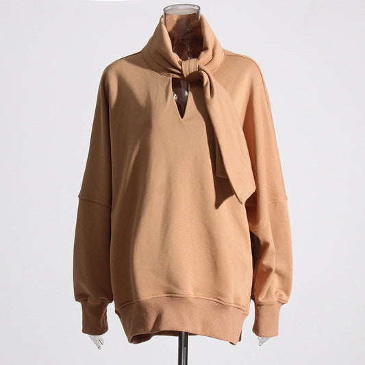 Women's Spring Scarf Collar Profile Loose Long Sleeve Irregular Sweatshirt