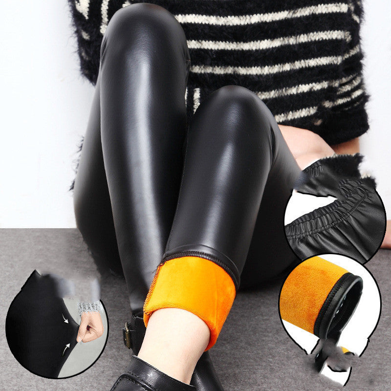 Faux Leather Plus Velvet Outerwear Leather Pants Women's Stretch Fleece Leather Pants Women