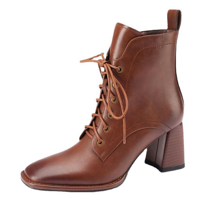 Botas de tacón alto para mujer, estilo británico, Retro, con cordones, cortas, simples