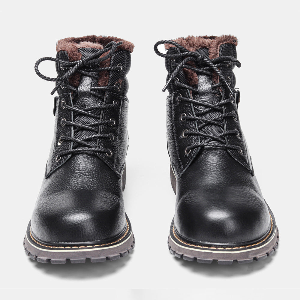 Botas de nieve de cuero real para hombre de talla grande con forro de fleece.