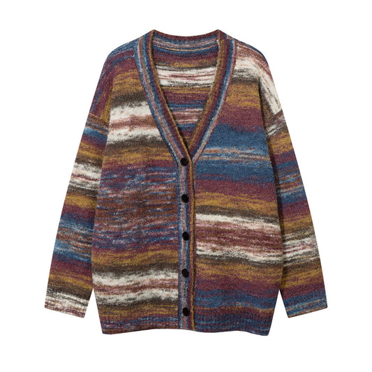 Striped Yarn-dyed V-neck Cardigan Sweater