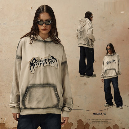 Sudadera con capucha con diseño de dobladillo deshilachado bordado europeo y americano