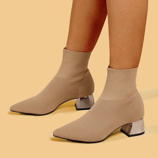 Botas de punto elástico con tacón grueso y punta fina de moda para mujer.