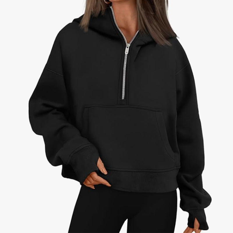 Autumn And Winter Zipper Long Sleeve Loose Hooded Sweater